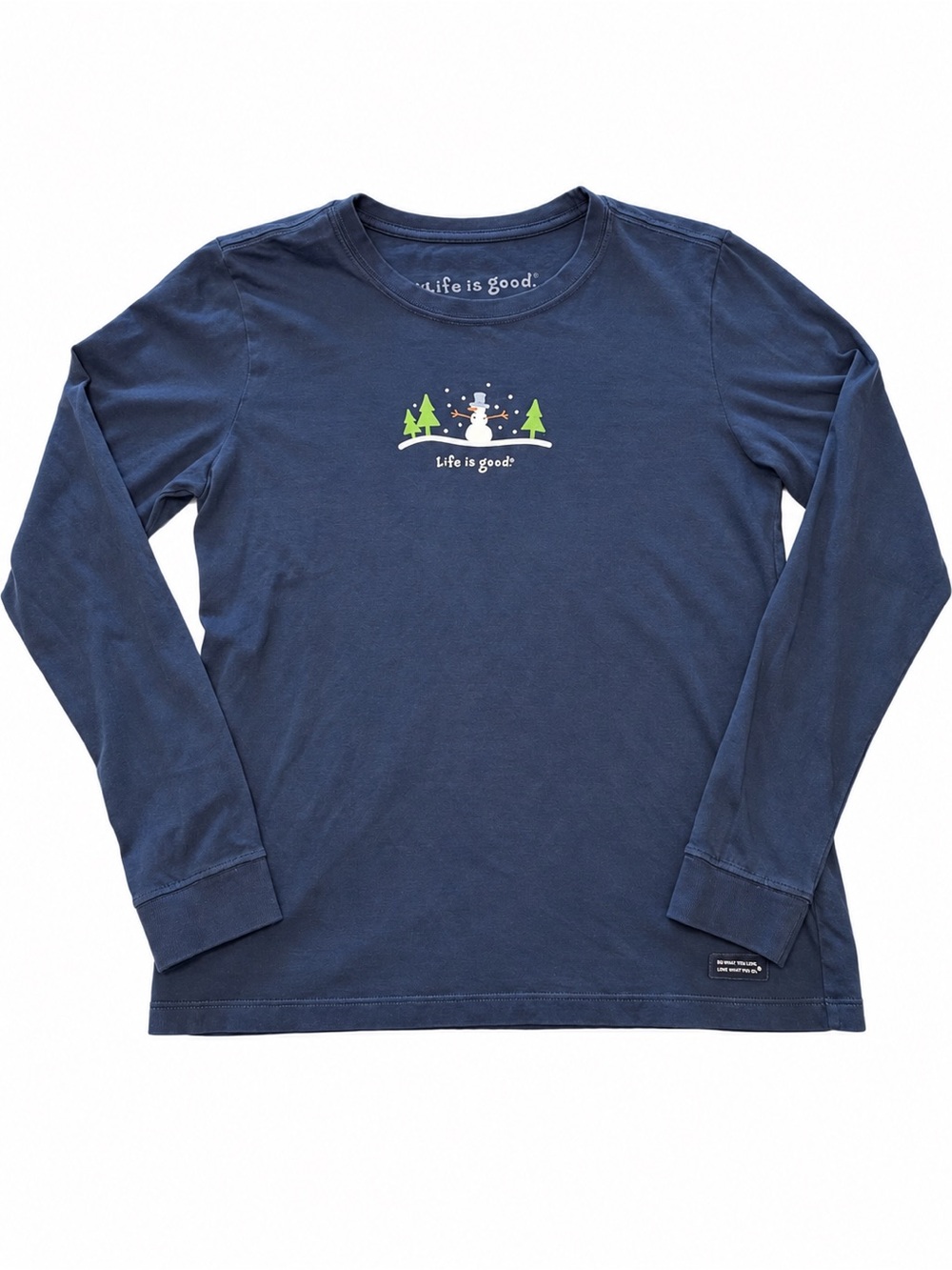 Life is Good Vintage Women’s Medium Long Sleeve Snowman Winter Graphic Shirt Blu
